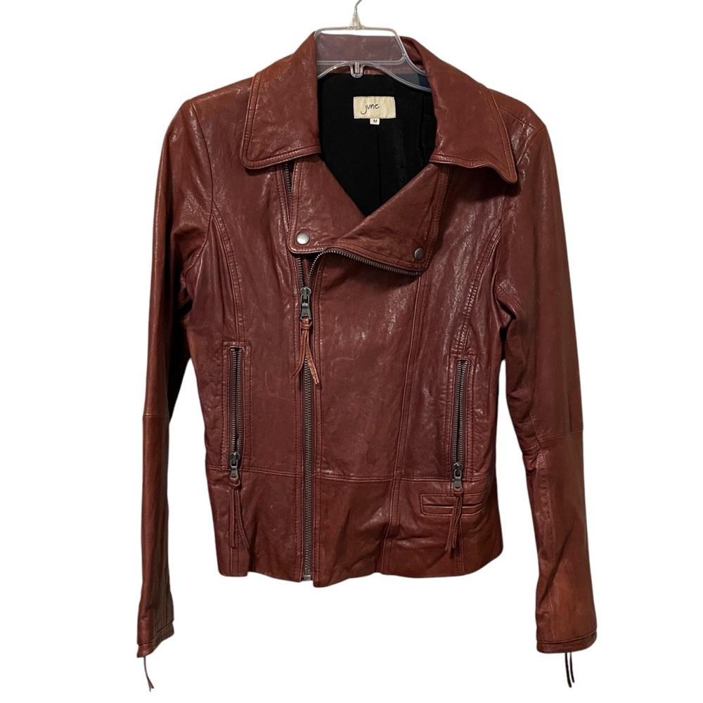 June Genuine Leather Burgundy Moto Jacket Size Medium